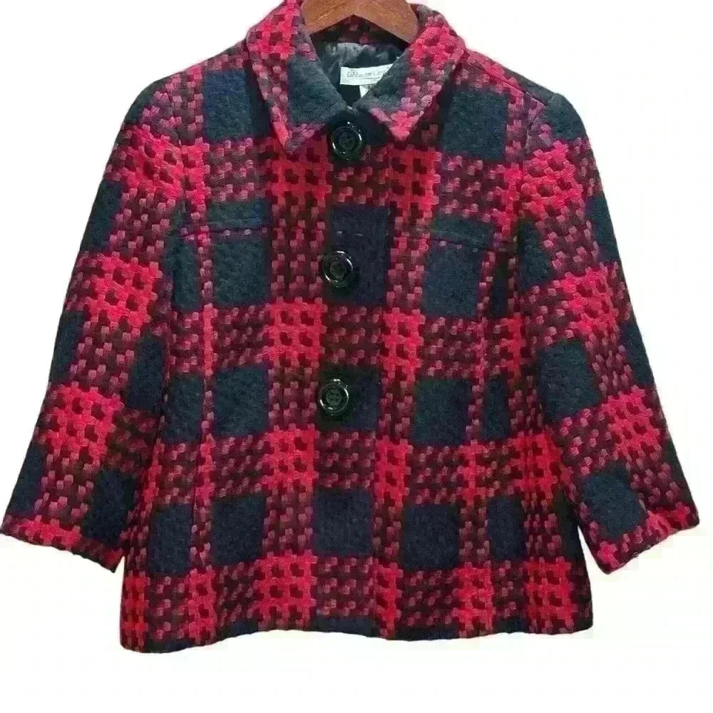 Coldwater Creek Jacket Size 8 Red Black Woven Career Women's Short 3/4 Sleeve